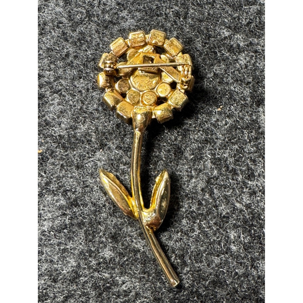 Vintage Gold Tone Sunflower Rhinestone Brooch Yellow Amber Floral Stem Pin 2.5" - Picture 4 of 6